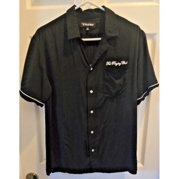 VTG Playboy Club Shirt M | Black Rayon Button-Down Bunny Logo 70s Style - Picture 1 of 6